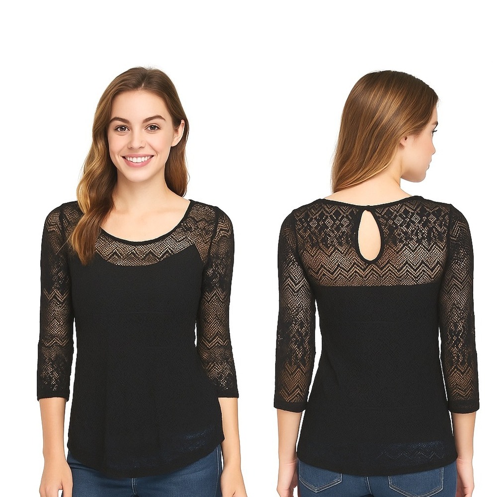Bar III Blouse + Tank Top Size S‎ Black Lace 3/4 Sleeve Sheer Elegant Layering